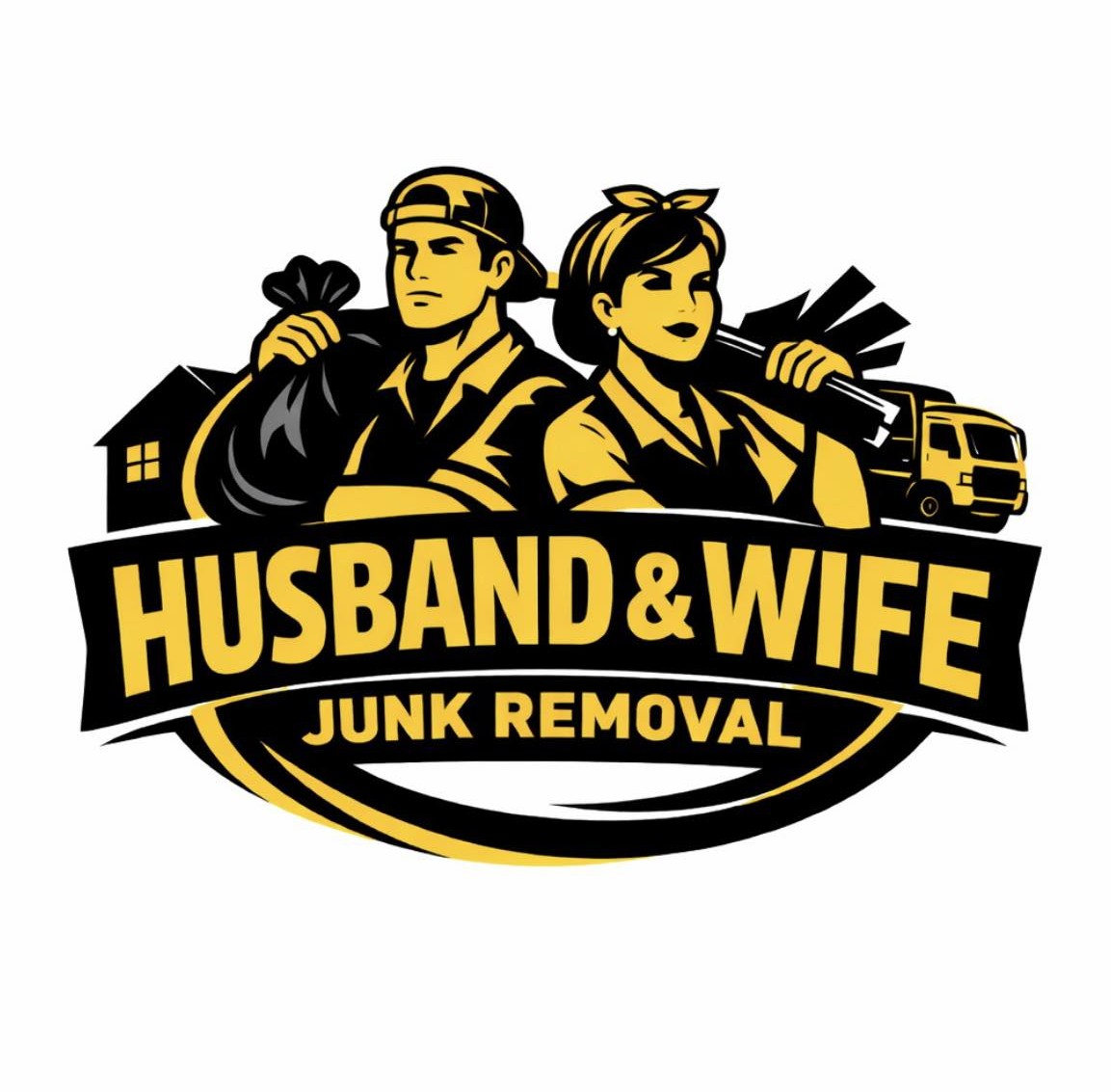 Logo: husband and wife removing junk. Man holding trash bag, woman with debris, truck in background.