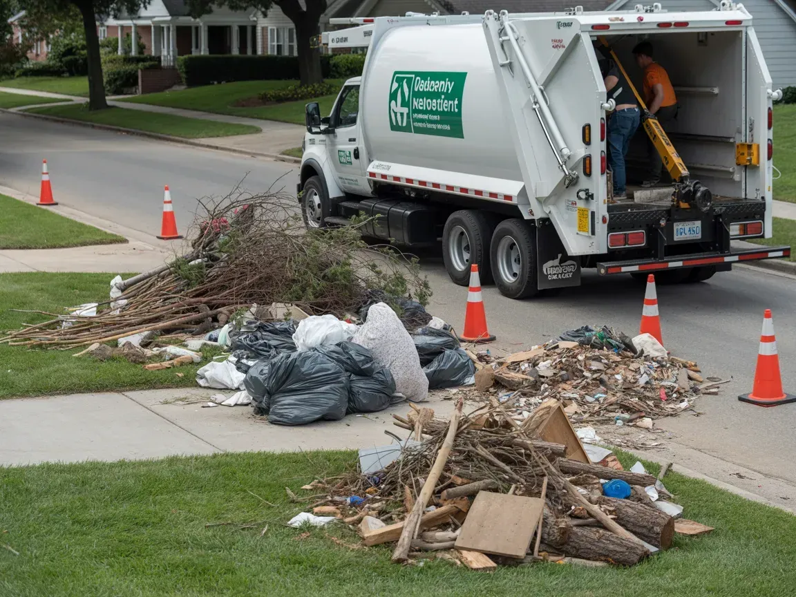 Garbage truck collecting yard waste and bagged trash on a residential street; workers operating the truck.