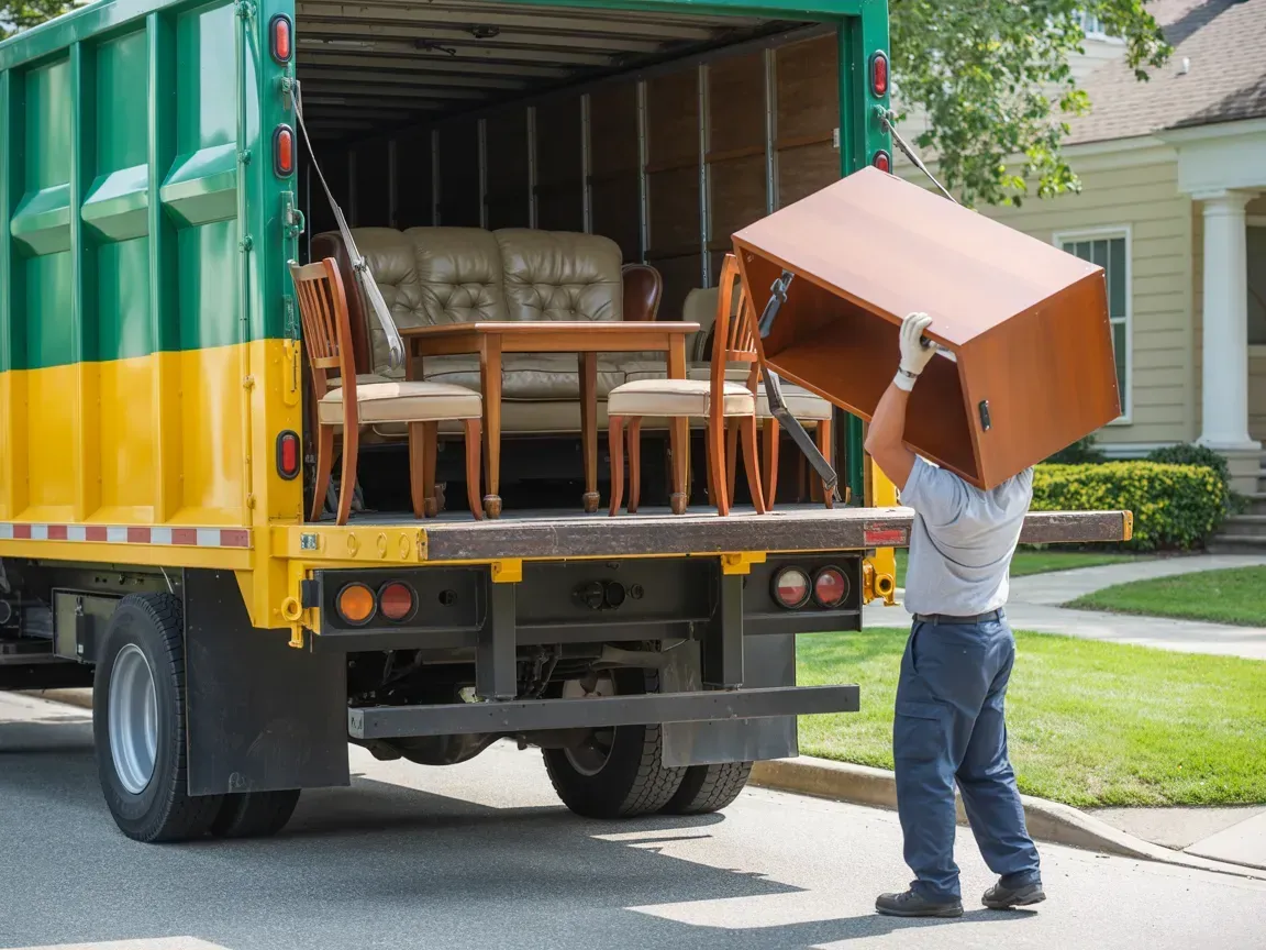 Moving truck with furniture being loaded; person carrying a brown cabinet.