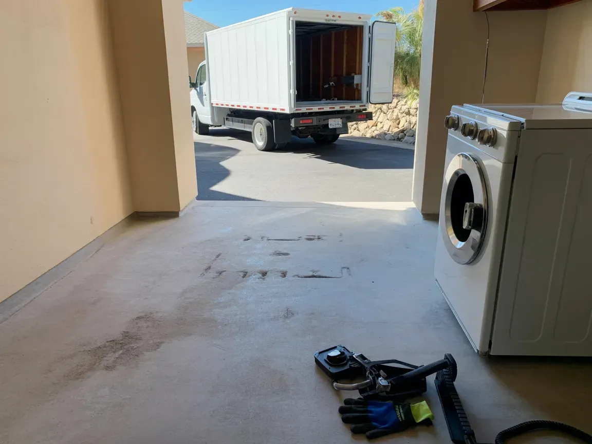 Open moving truck in a driveway. Washing machine in a garage. Cleaning tools on the floor.