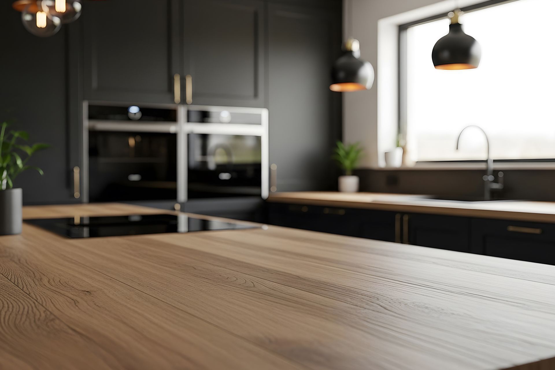 Modern kitchen featuring a wooden countertop island, dark cabinetry, built-in ovens, and pendant lighting.