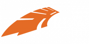 Oranje gestileerde veer op witte achtergrond.