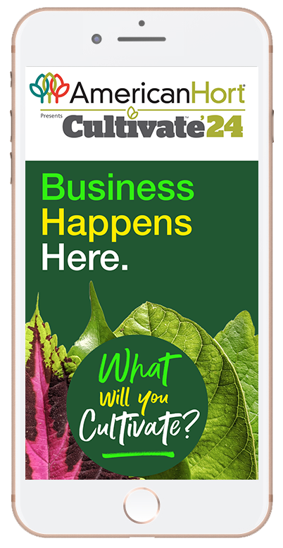 a phone displays an advertisement for AmericanHort Cultivate 24
