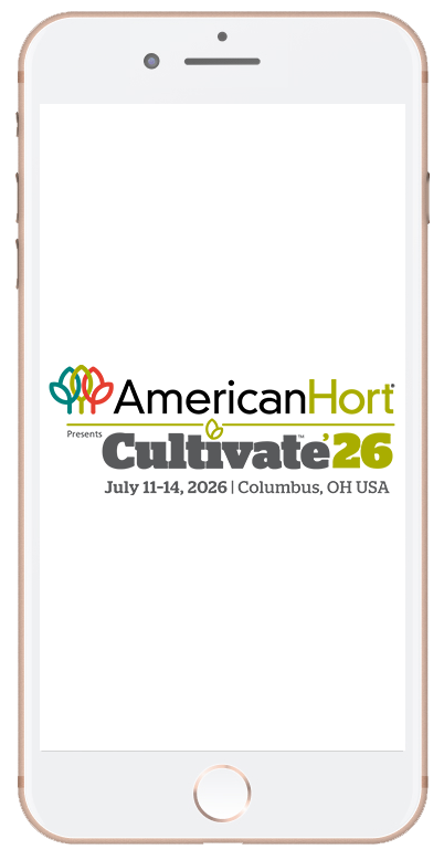 AmericanHort Cultivate'26 logo on a phone screen. July 11-14, 2026, Columbus, OH USA.