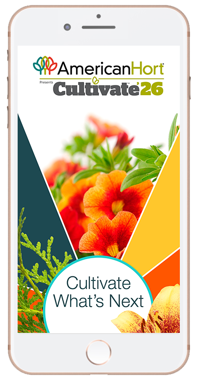Smartphone app screen: AmericanHort Cultivate26 logo, colorful pie chart, and orange flowers.