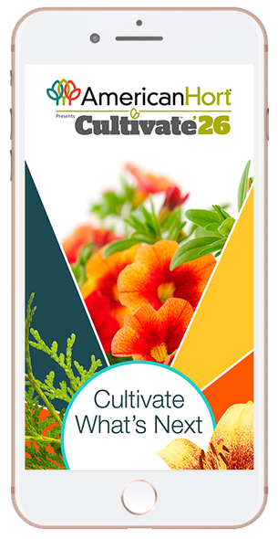 Smartphone app screen: AmericanHort Cultivate26 logo, colorful pie chart, and orange flowers.