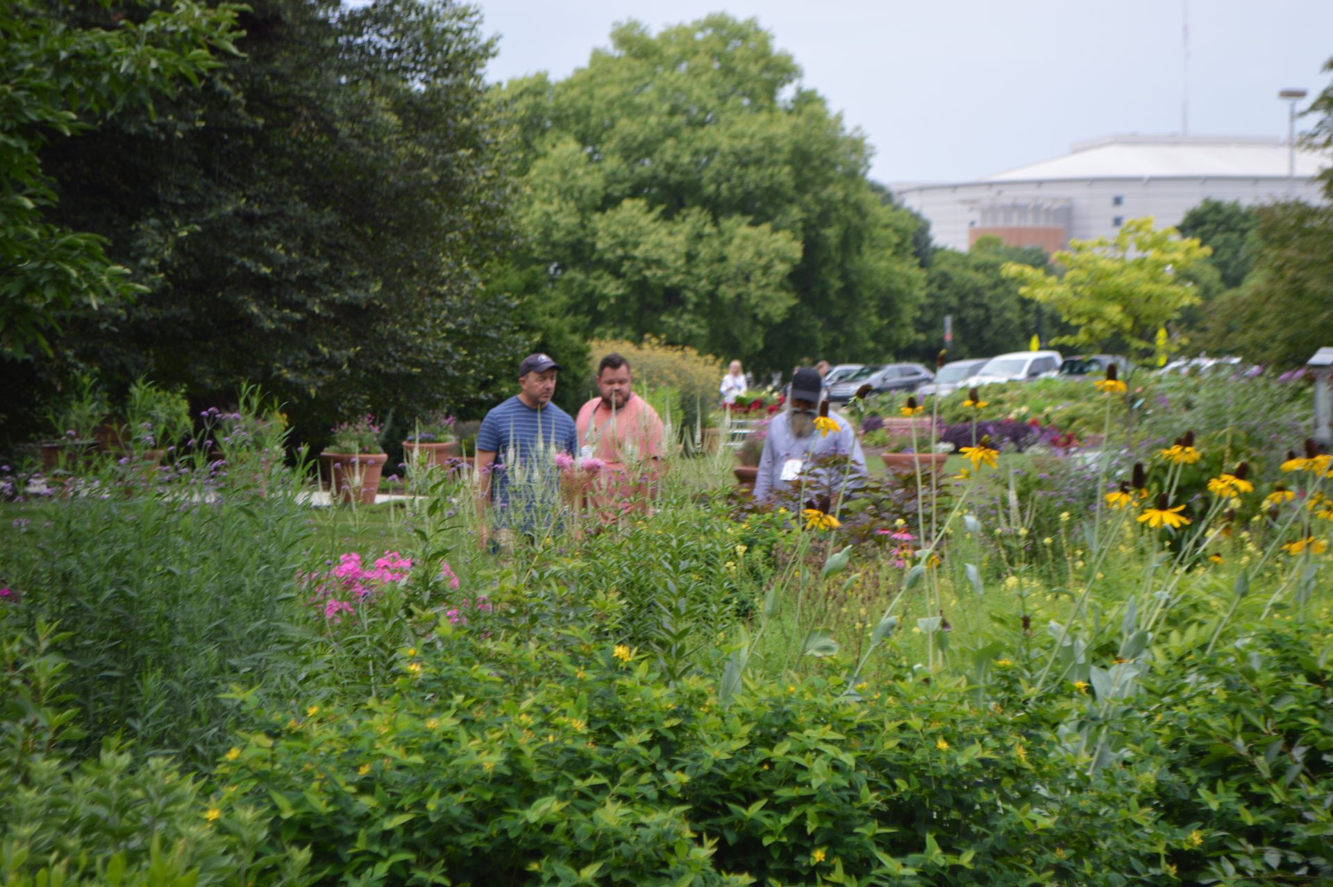 a group of people are standing in a garden surrounded by flowers .