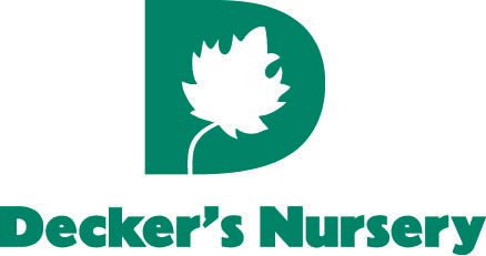 The logo for decker 's nursery has a maple leaf on it.