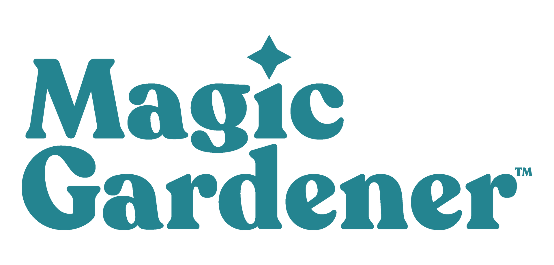 The magic gardener logo is blue and has a diamond in the middle.