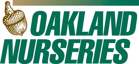 A logo for oakland nurseries with an acorn on it