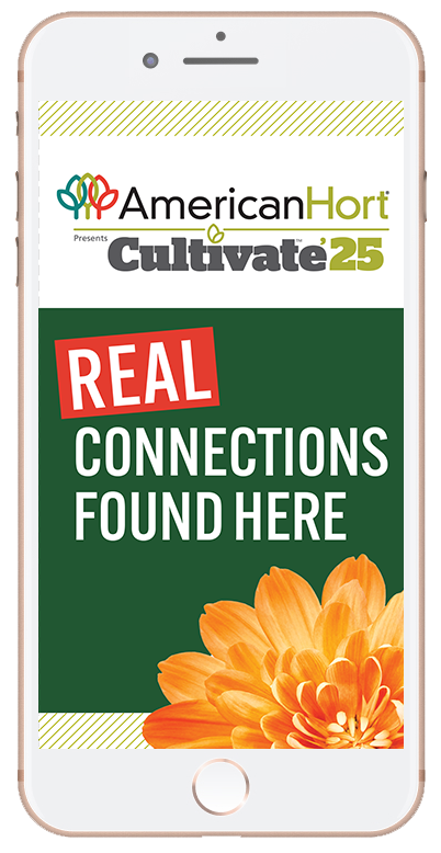 a phone displays an advertisement for AmericanHort Cultivate 24