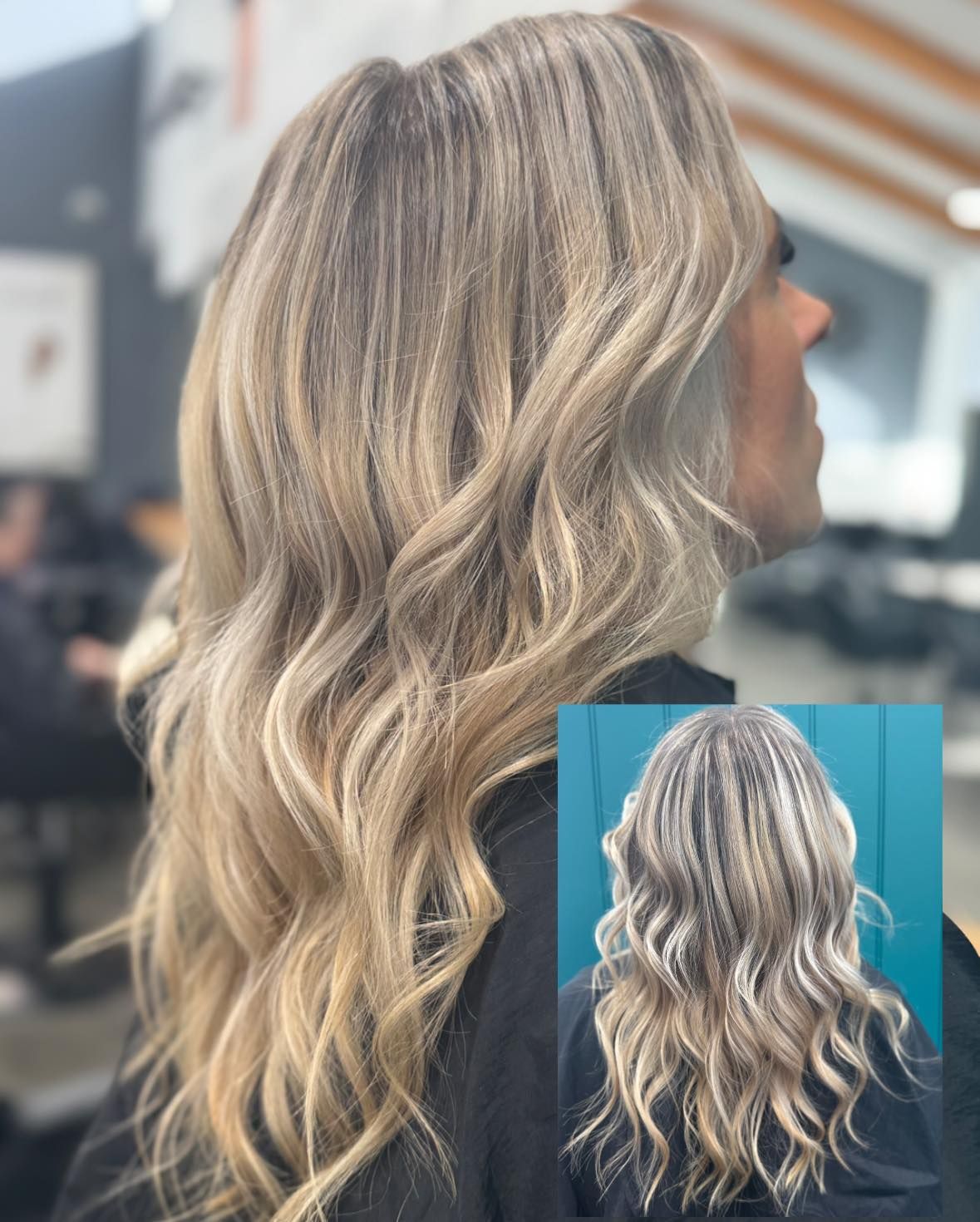 Blonde hair styled in waves, side view of a person in a salon; inset of the back of the head.