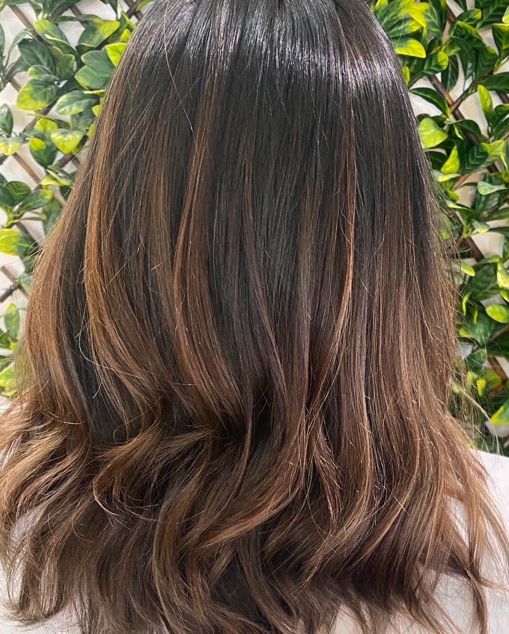 Dark hair with brown highlights and waves, against a green leafy background.