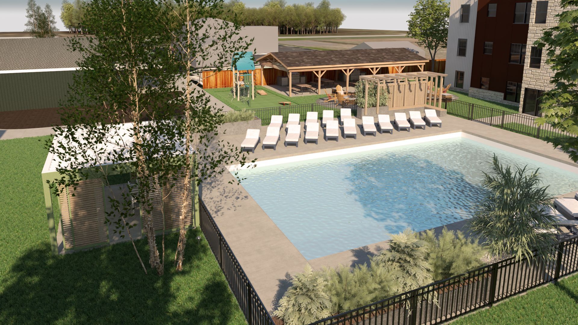 Swimming pool and lounge chairs at the Lake Erie Condos