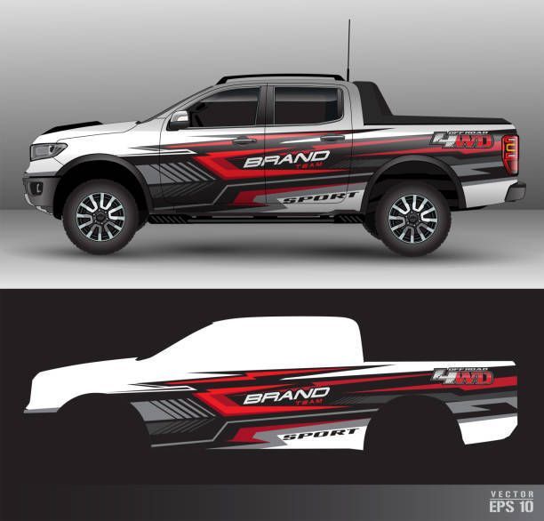 Pickup truck with a black, red, and gray sport-themed wrap design shown in side view.