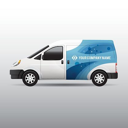 White delivery van with a blue graphic wrap design and company branding on the side.