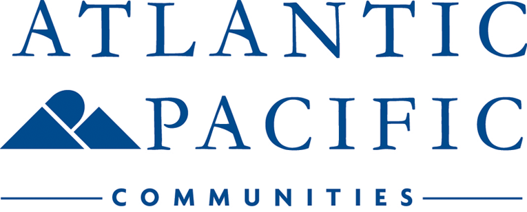 Atlantic Pacific Communities logo with blue text and stylized mountain icon