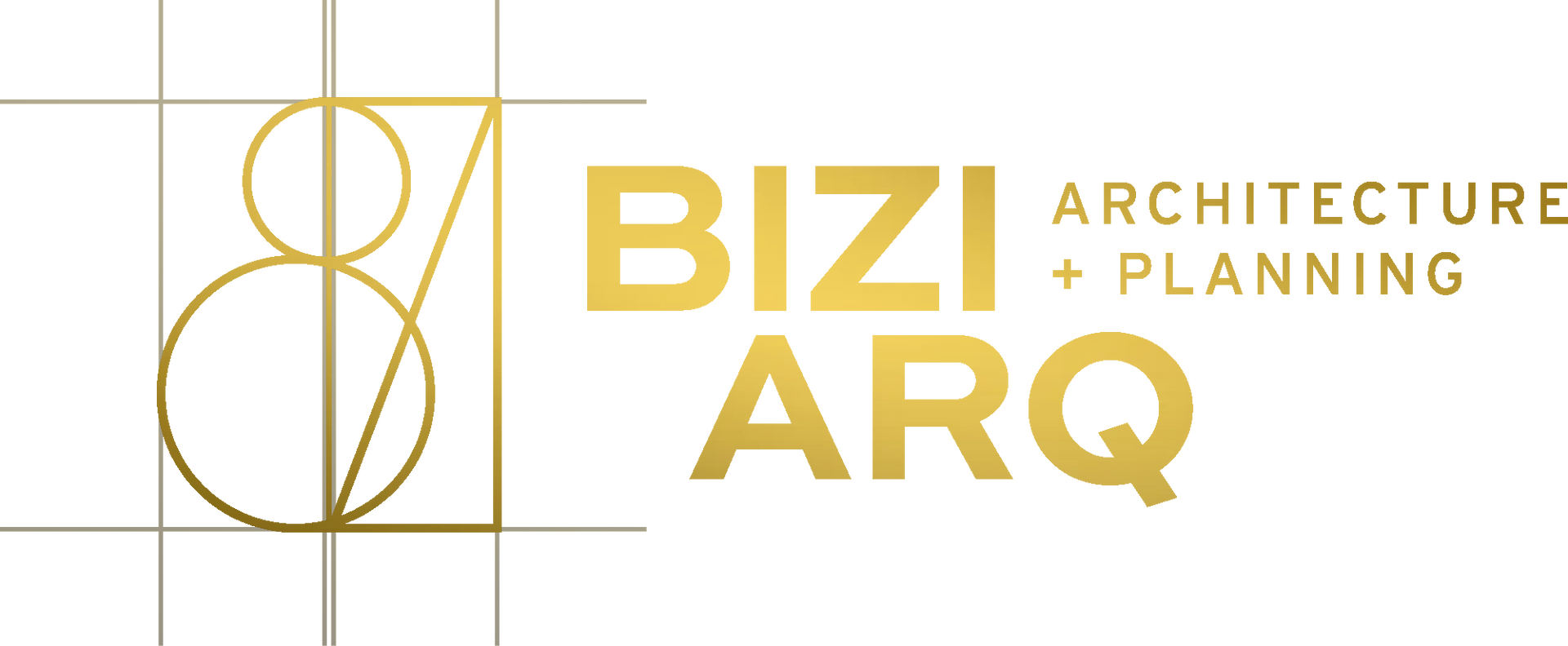 Gold BIZI ARQ logo with abstract line art and the words “Architecture + Planning”