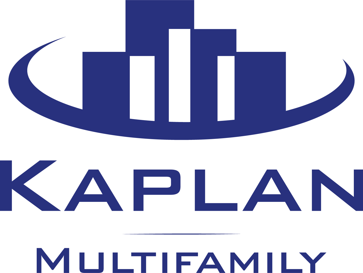 Kaplan Multifamily logo in blue with stylized building and oval arc