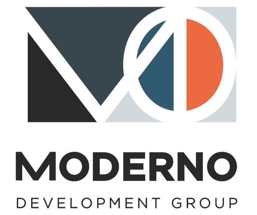 Moderno Development Group logo in black, blue, gray, and orange with bold company name