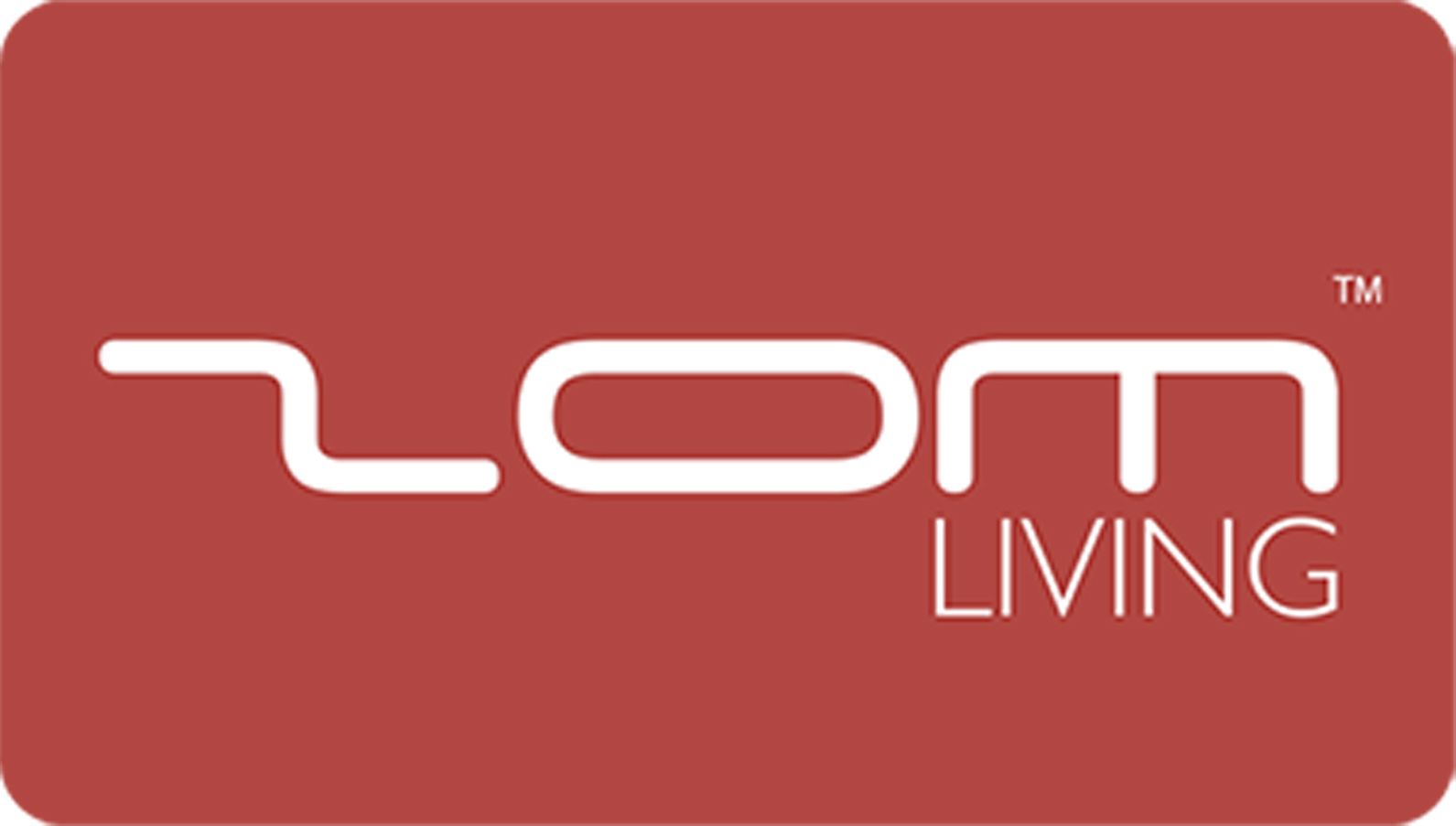 LOM Living logo on a red background with white text
