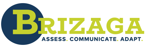 Brizaga logo in yellow and dark blue with the tagline “Assess. Communicate. Adapt.”