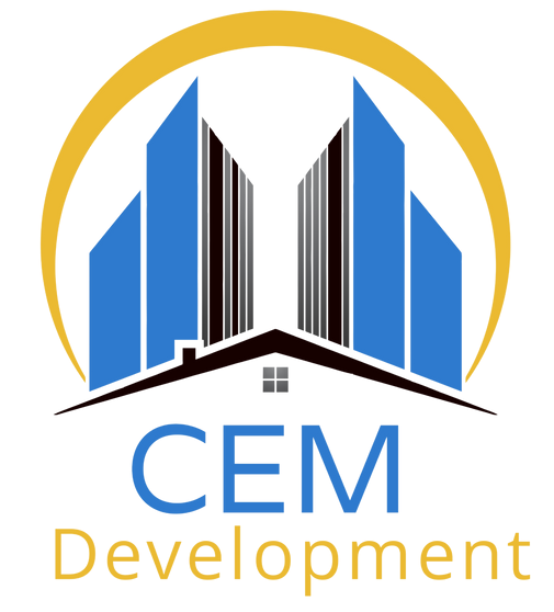 CEM Development logo with blue buildings inside a gold arch and blue-yellow text.
