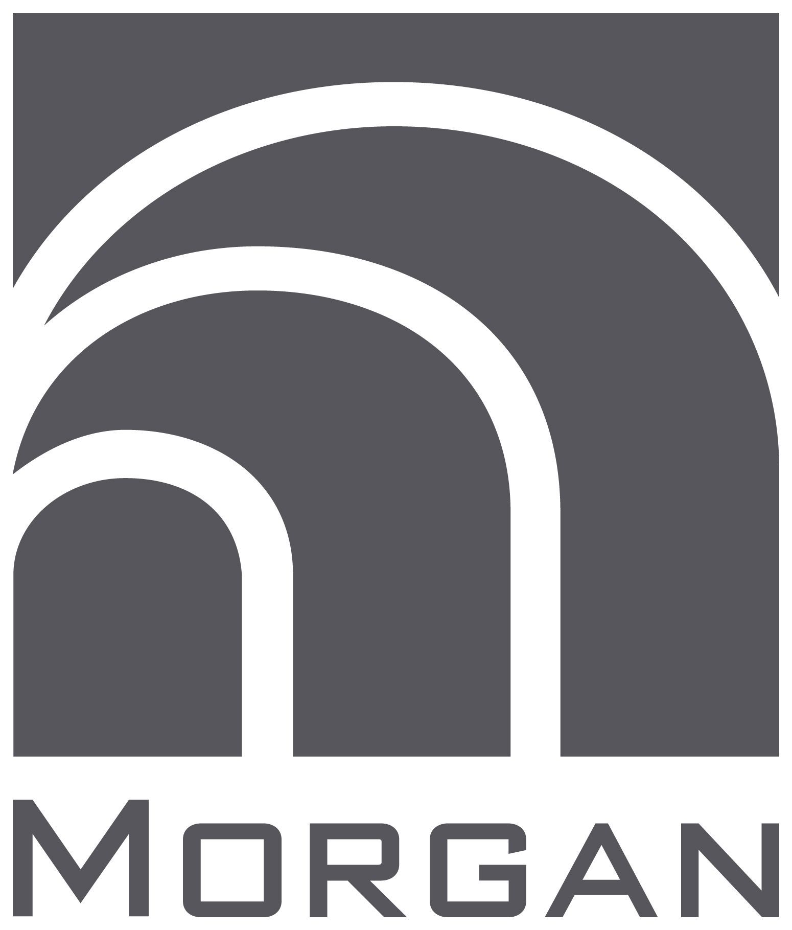 Morgan logo with stylized white arches on a dark gray square background