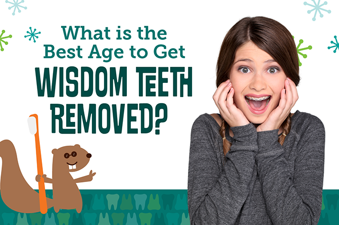Girl with braces and text about wisdom teeth removal; cartoon beaver with toothbrush.