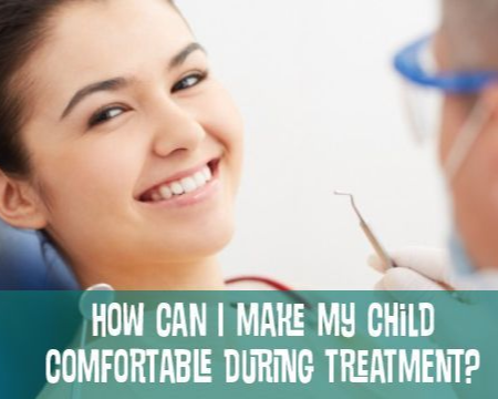 Woman smiling during dental treatment with the dentist holding a tool. Text: How can I make my child comfortable.