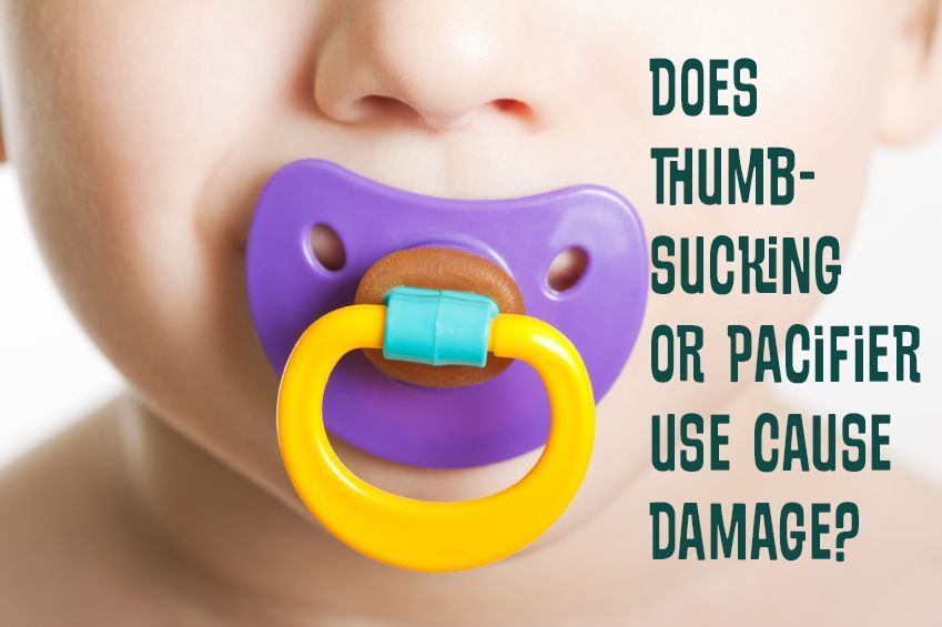 Close-up of baby with a purple and yellow pacifier; text asks, 
