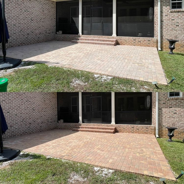 A before and after photo of a brick patio in front of a house.