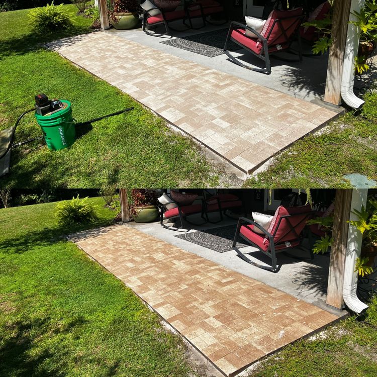 A before and after picture of a patio with rocking chairs.