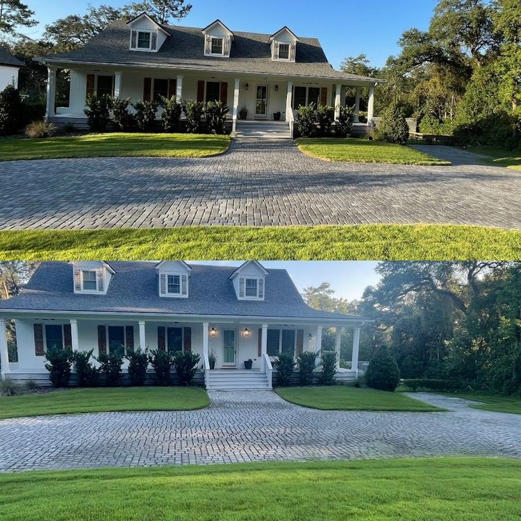 A before and after picture of a house with a cobblestone driveway