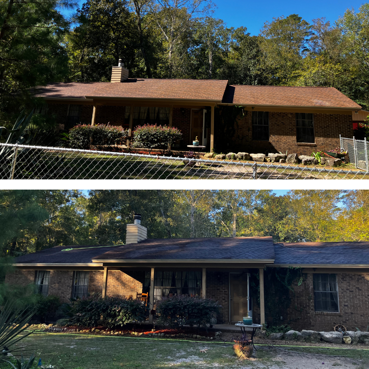 A before and after picture of a brick house with a brown roof surrounded by trees.