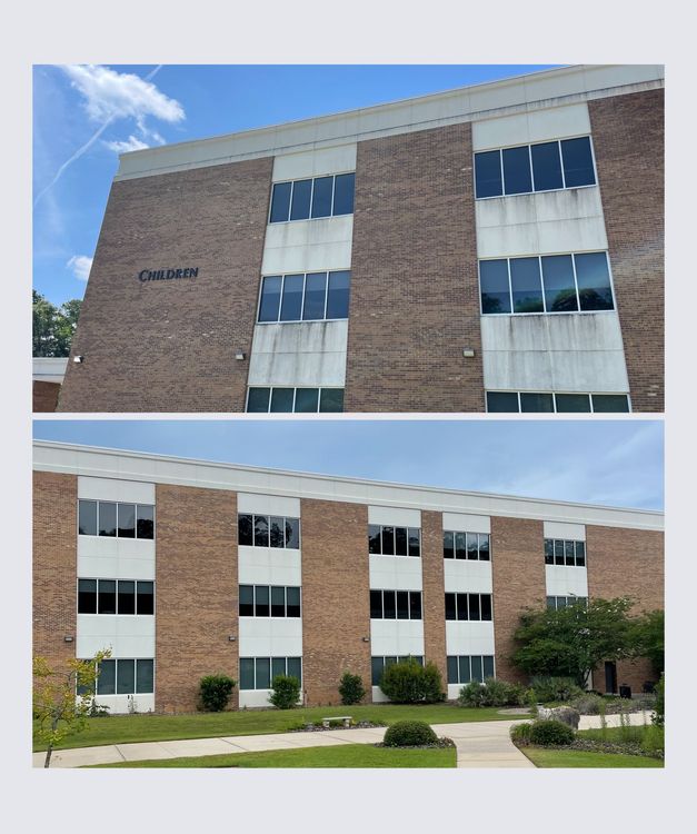 A before and after picture of a brick building