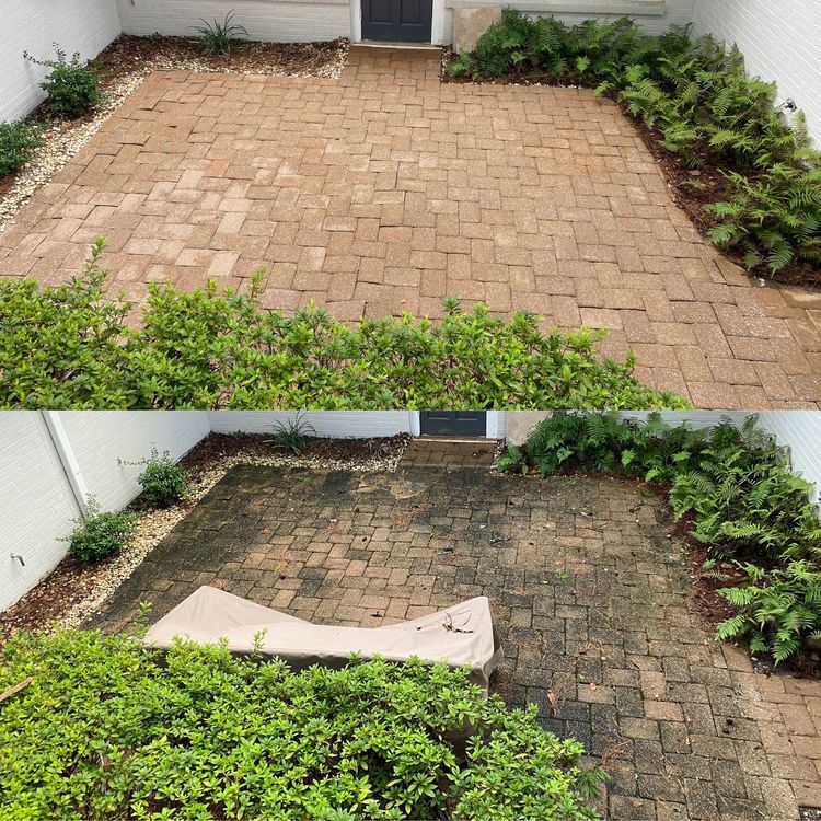 A before and after photo of a brick patio.