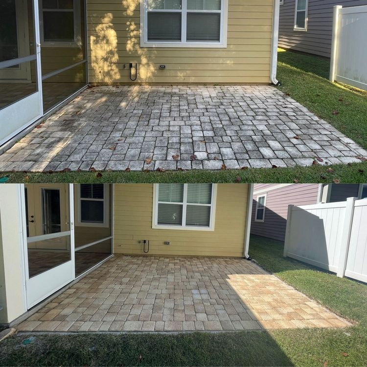 A before and after picture of a patio in front of a house