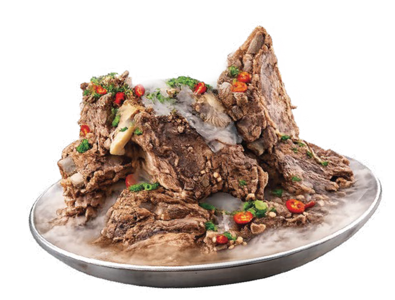 A plated meat dish with vegetables and herbs, topped with sauce on a white plate