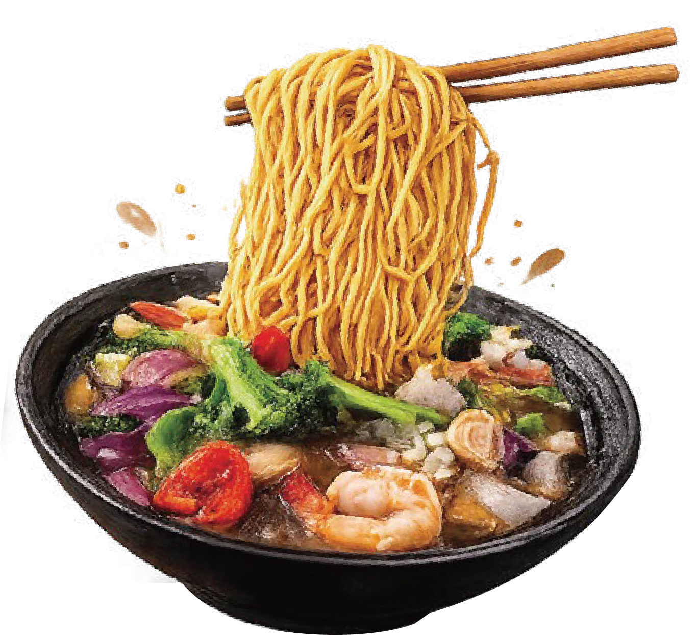 Noodles lifted by chopsticks above a bowl of colorful seafood ramen broth