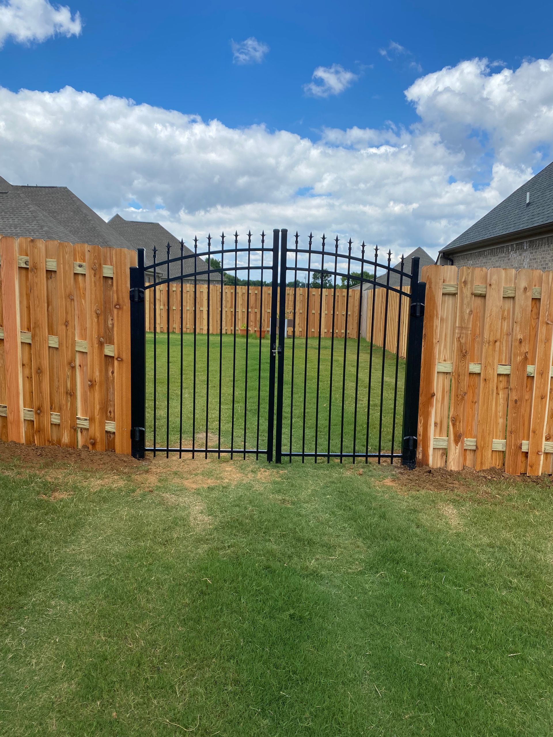 Black metal gate in a wooden fence on a lawn, under a partly cloudy blue sky.