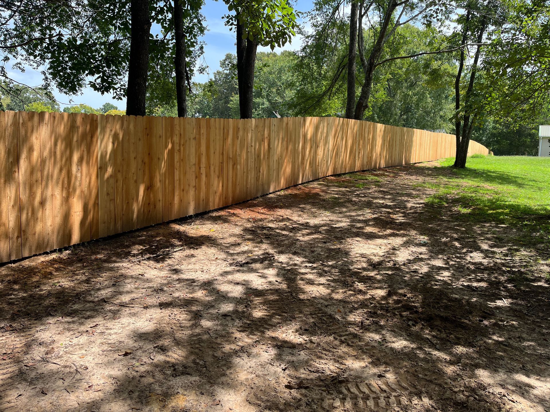 Wooden fence in a backyard, casting shadows on dirt ground, with green grass and trees.