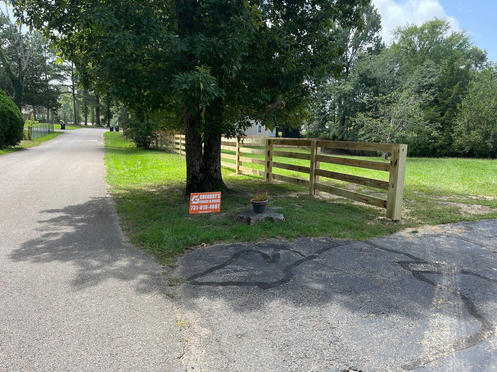 A tree next to a wooden fence and a driveway, in a yard with an orange sign.