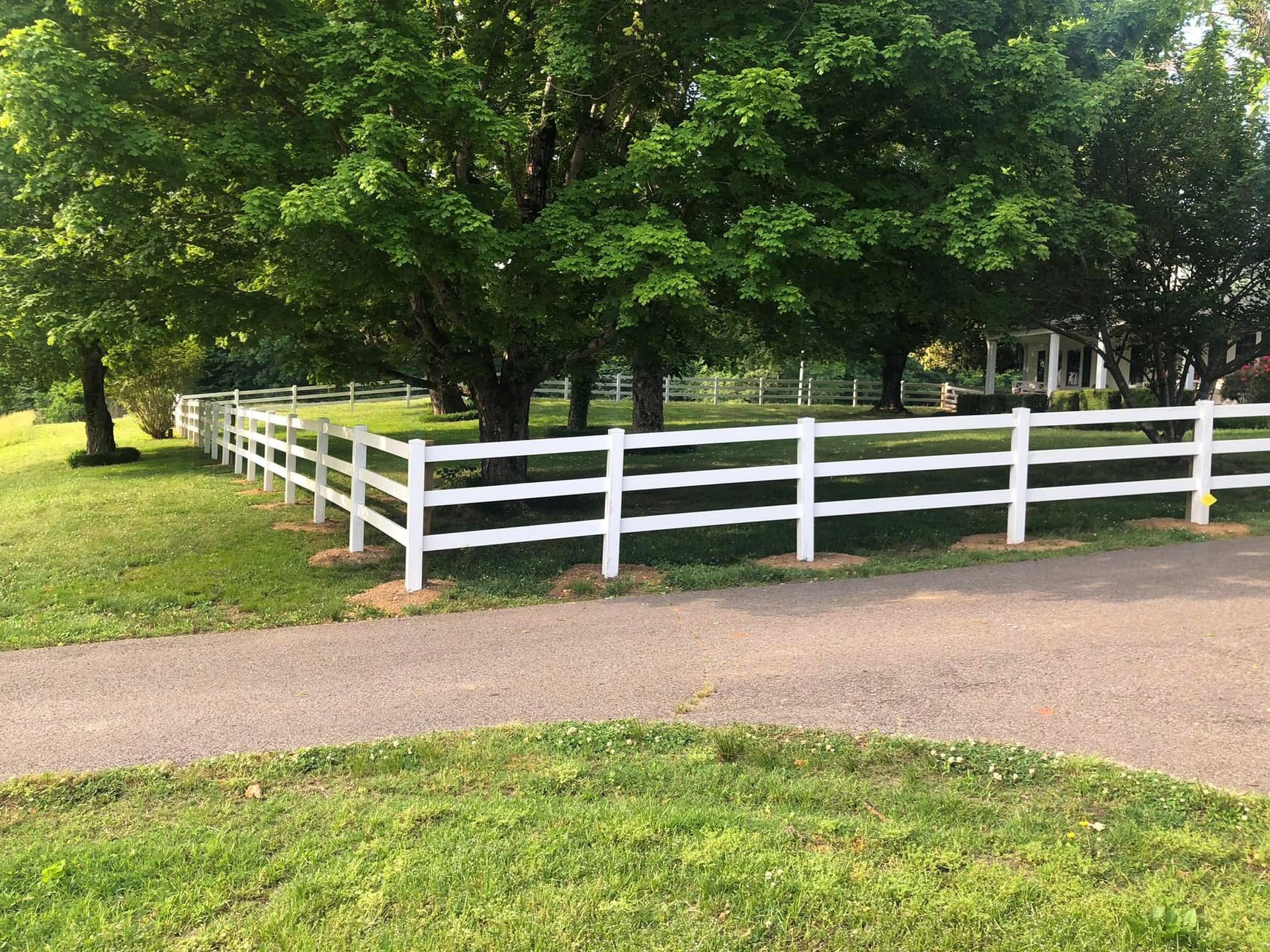 White fence in front of lush green trees on a grassy lawn; a paved path in the foreground.