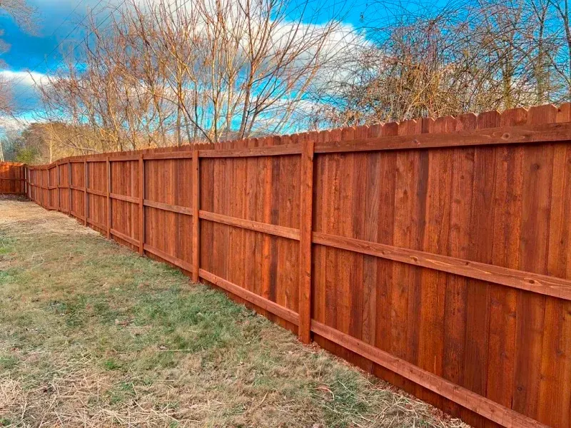 Brown wooden fence in a backyard with grass and leafless trees under a cloudy sky.