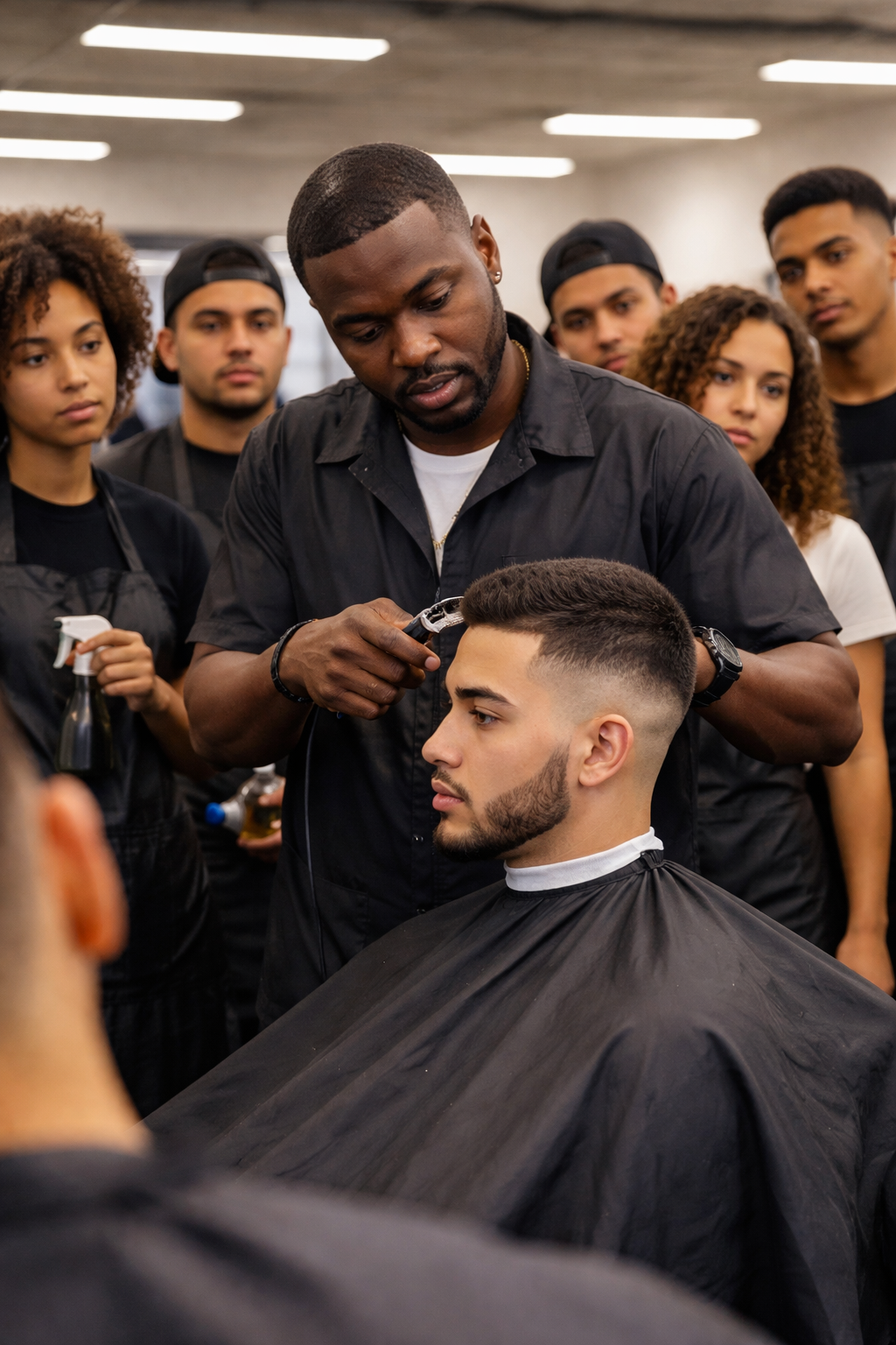 Barber demonstrating a haircut to a group of students. Inside a barbershop, students watch intently.