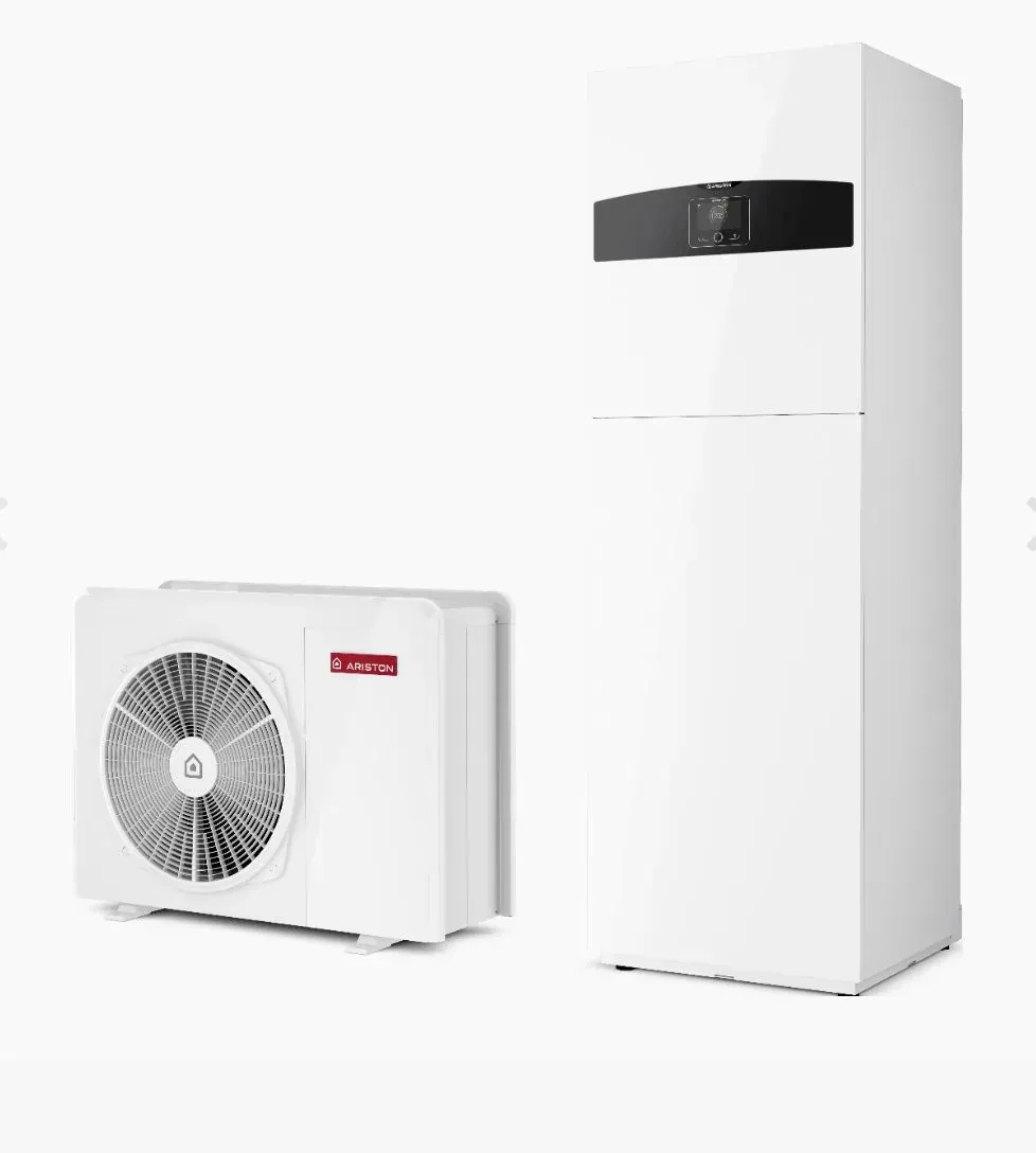 Sistema di pompa di calore bianca; un'unità esterna e un'unità interna alta.