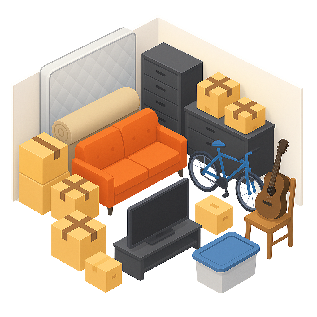 Woman carrying a box, entering a storage unit with shelving and stacks of packages.