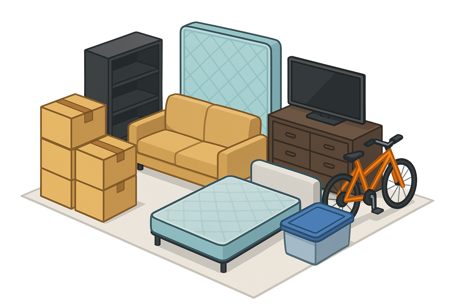 A room containing furniture, boxes, a bicycle, and a mattress, likely storage.