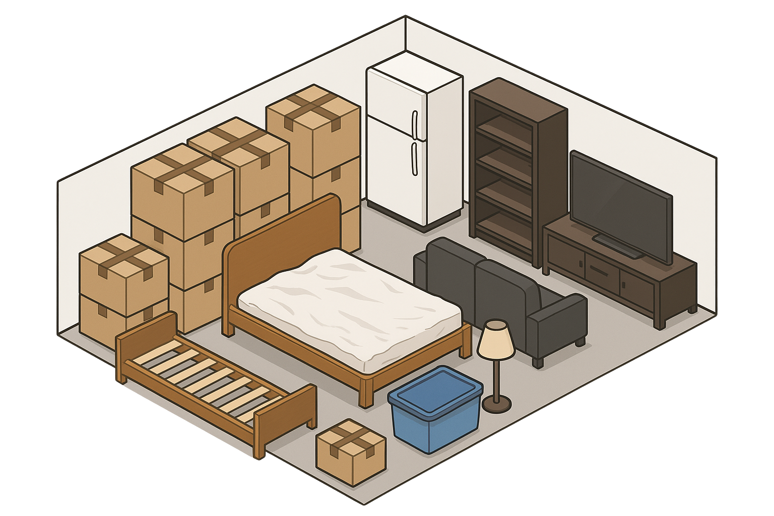 Isometric view of a storage unit packed with furniture, boxes, and a refrigerator.